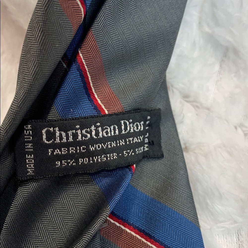 🌹VINTAGE Christian Dior SIGNATURE AUTHENTIC Charcoal Tie with Blue & Red Stripes - Picture 8 of 13